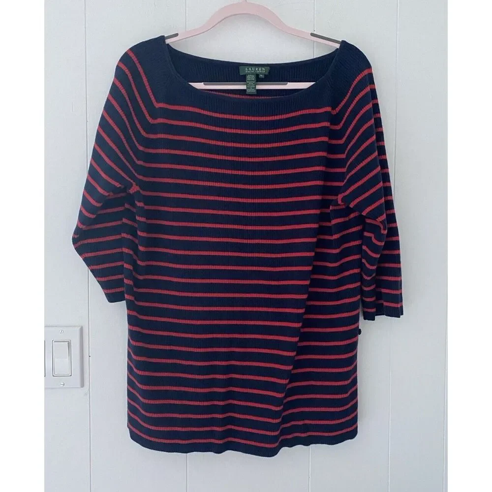 Lauren Ralph Lauren Size XL Navy Blue Red Stripe Boat Neck Cotton Knit Sweater - Picture 1 of 4